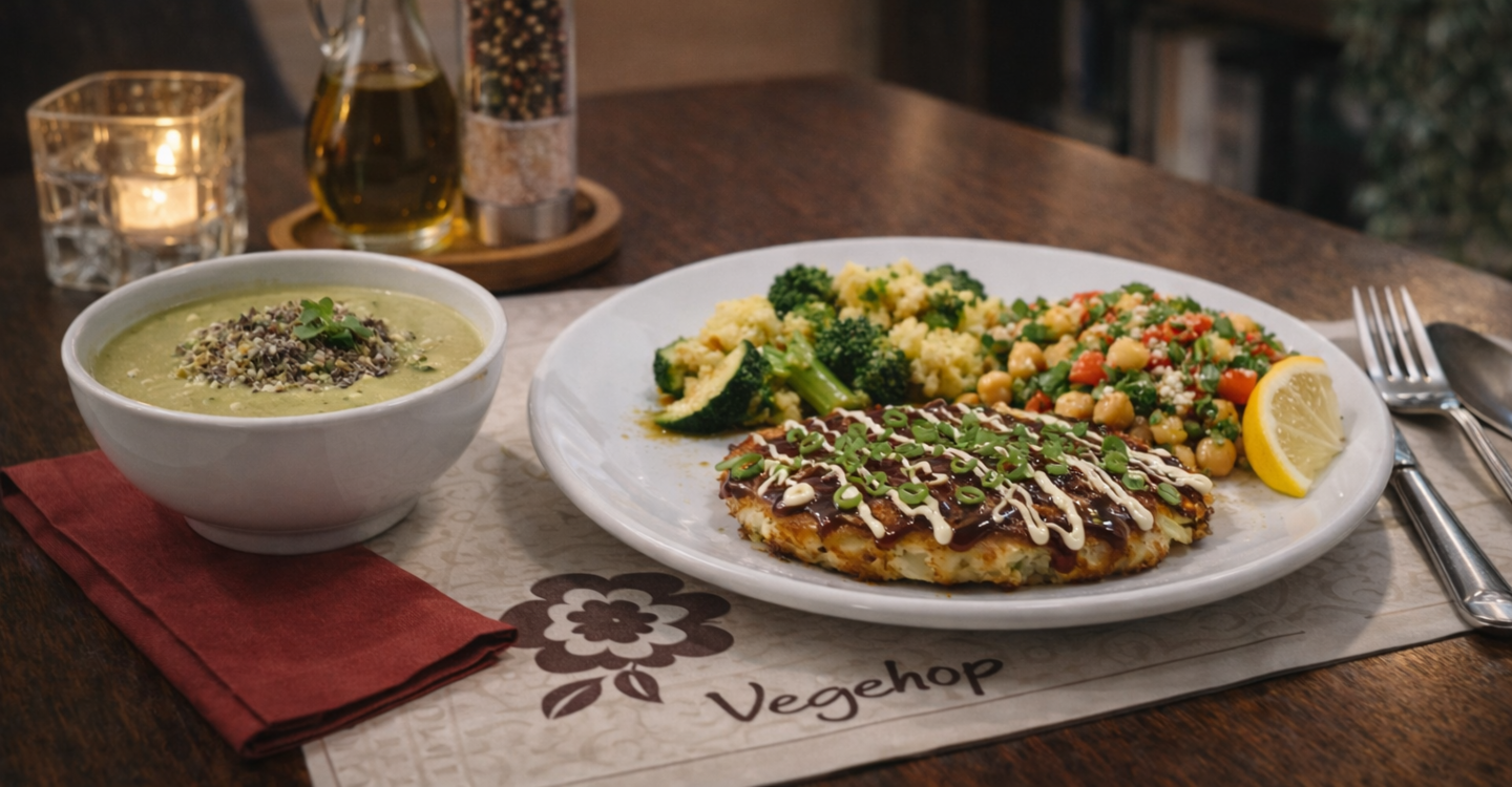 Okonomiyaki , japanske slane palačinke , Povrće s misom , Orijentalna salata od slanutka