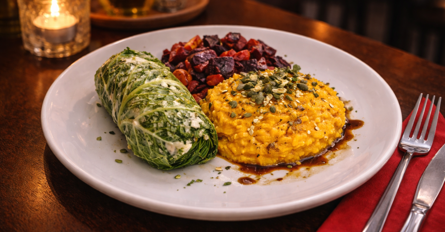 Sarmice od kelja nadjevene smeđom rižom i tempehom Pire od bundeve i crvene leće Pareno povrće  Grissini