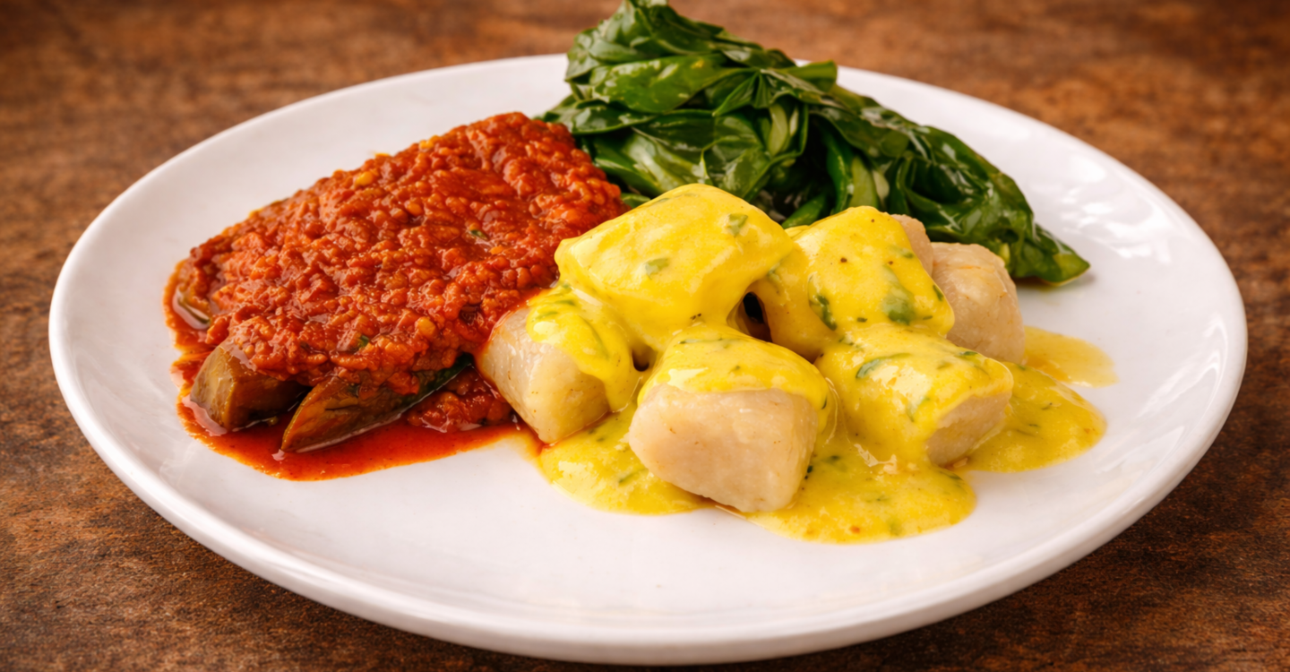 Seitan pašticada , Njoki od kus kusa u umaku od vlasca , Pareno zeleno , Miješana salata , Dnevni meni , Zagreb, Vege Zagreb, Vegehop