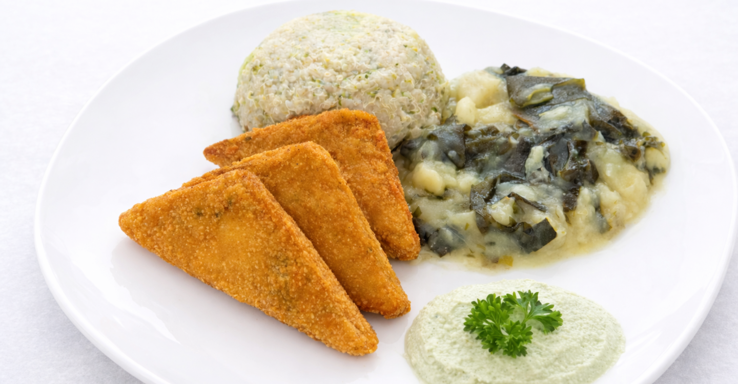 Panirani tofu - Salata od quinoe sa bučinim sjemenkama,brokulom i đumbirom - Povrtno varivo sa wakame algom