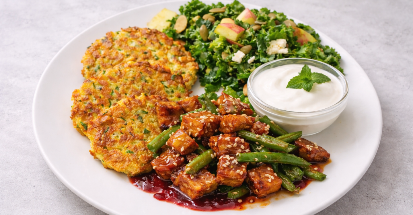 Popečci od kukuruza u osvježavajućem jogurt umaku sa limunom i koprom - Salata od raštike i jabuke sa bučinim sjemenkama - Tempeh glaziran u javorovom sirupu sa mahunama