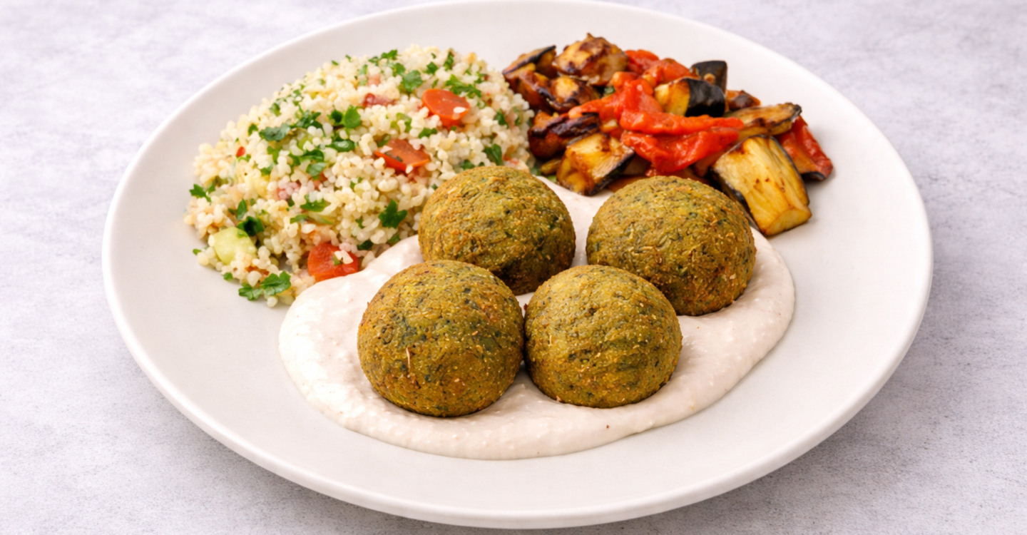 Falafel u tzatziki umaku - Restani batat sa porilukom - Quinoa salata