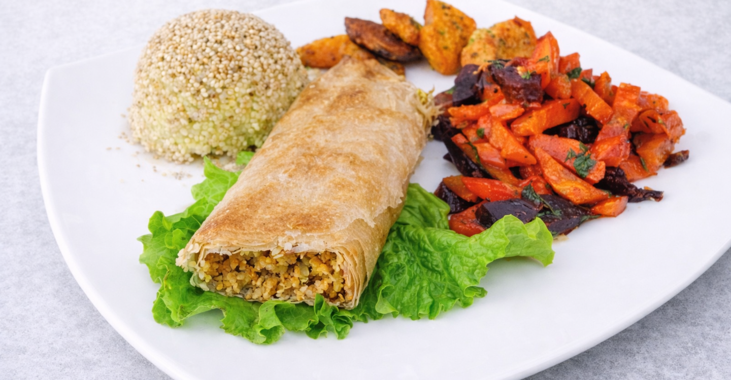 Burek sa sojinim ljuspicama - Proso u umaku od kikirikija - Cikla i mrkva sa peršinom