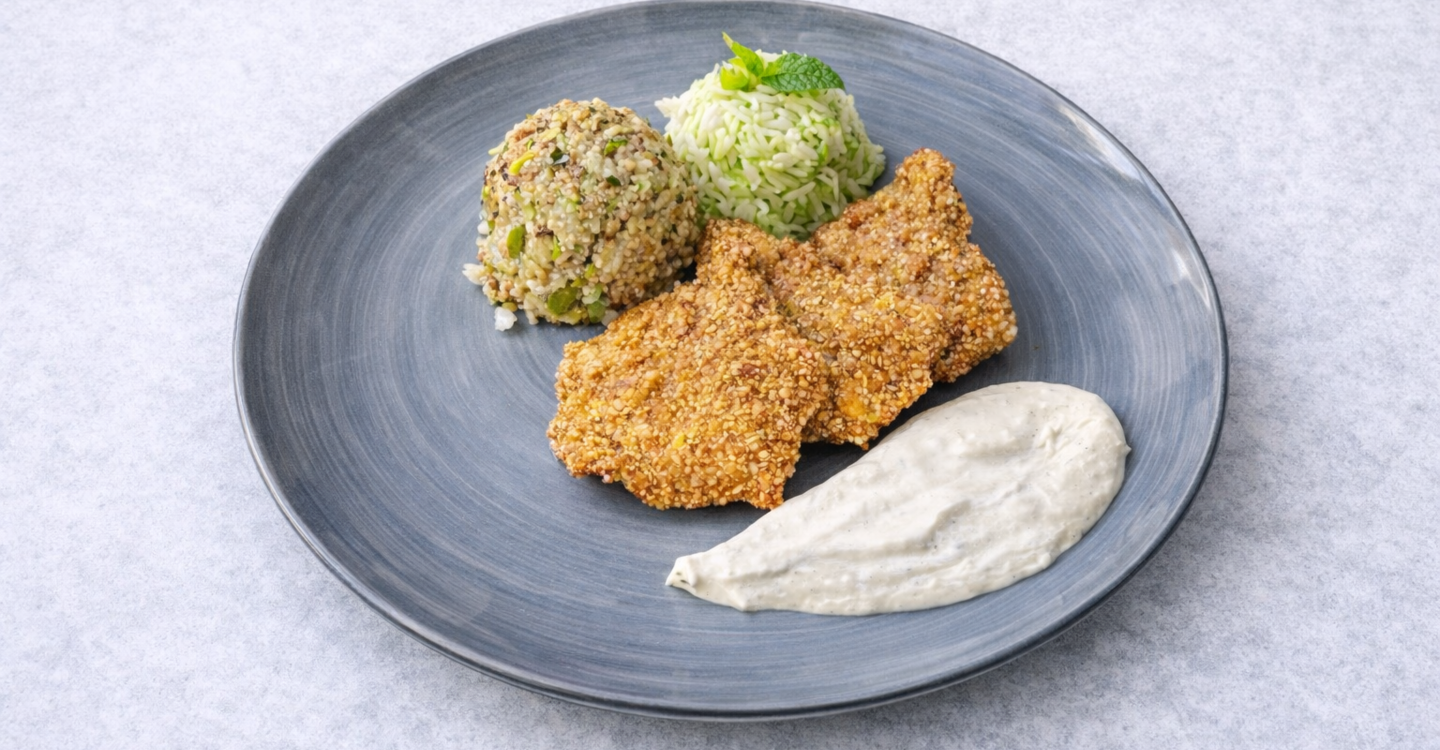 Panirane bukovače u zobenim pahuljicama - Mlinci sa porilukom - Salata od bijelog i ljubičastog kupusa - Vrhnje sa hrenom