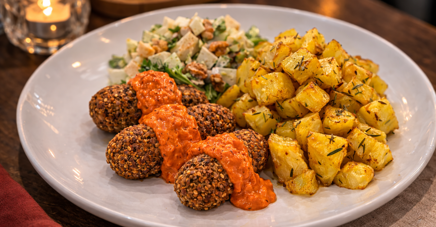 Ćevapi od heljde sa roštilj umakom Pečeni krumpir sa ružmarinom Waldorfska salata