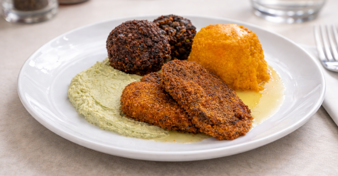 Krem juha od crvene leće - Panirani seitan - Pečena bundeva u umaku od đumbira - Varivo od azuki graha - Miješana salata   SLASTICE: Yamuna - Cheesecake - Torta banana jabuka - Kesten kocka - Bajadera - Sirove palačinke s kremom od čokolade i preljevom od šumskog voća