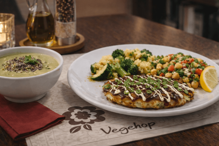 veganski dnevni meni, veganska hrana, Vegehop Zagreb, japanska palačinka okonomiyaki, veganski restoran Zagreb